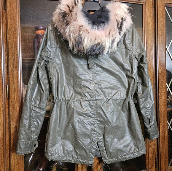 SAM. New York Women's Coat Size S PINK RACCOON FUR HOODIE Army Green Jacket - Picture 3 of 15